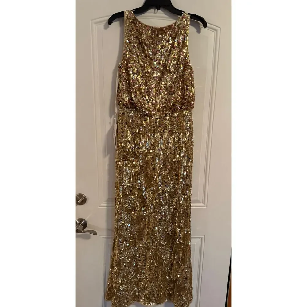 Mac Duggal 93645 Gold Sequin Column Evening Gown Size 8